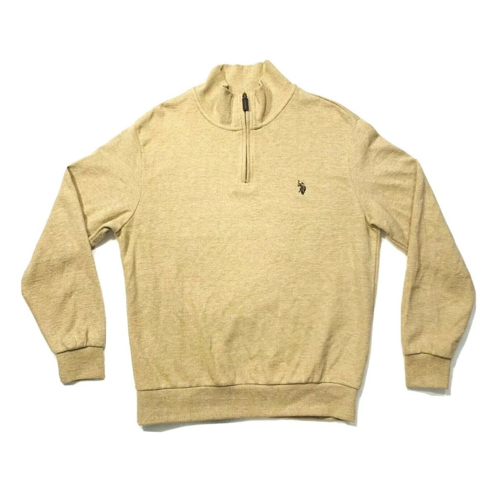U.S. Polo Assn Sweater Pullover 1/4 Zip Mock Neck Knit Cotton Blend Beige M NWOT